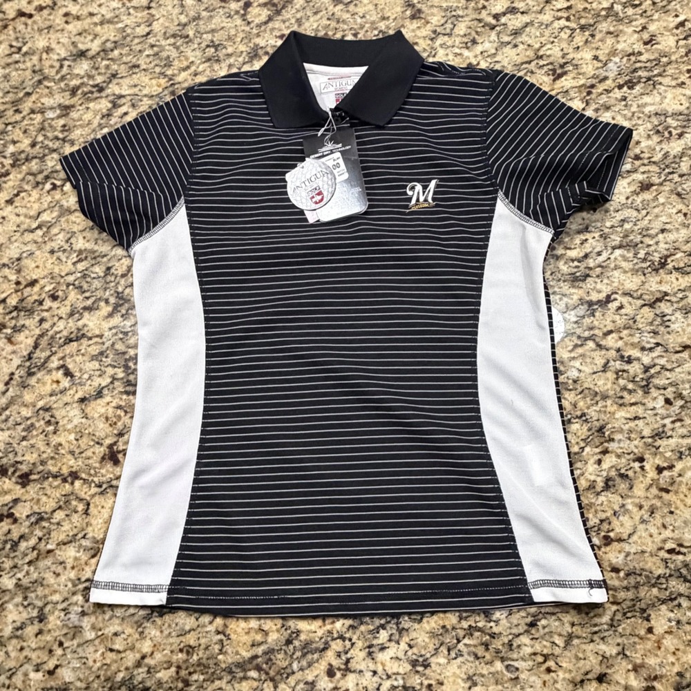NEW Antigua Milwaukee Brewers Womens Golf Polo Shirt Small Desert Dry Striped